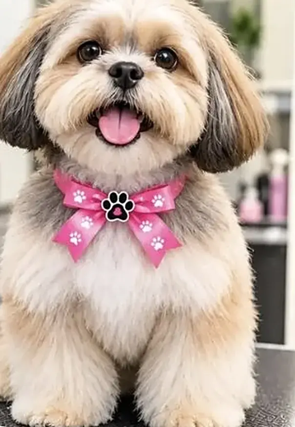 Freshly groomed Shih Tzu with a pink paw-print ribbon, groomed by Amanda in Pretoria